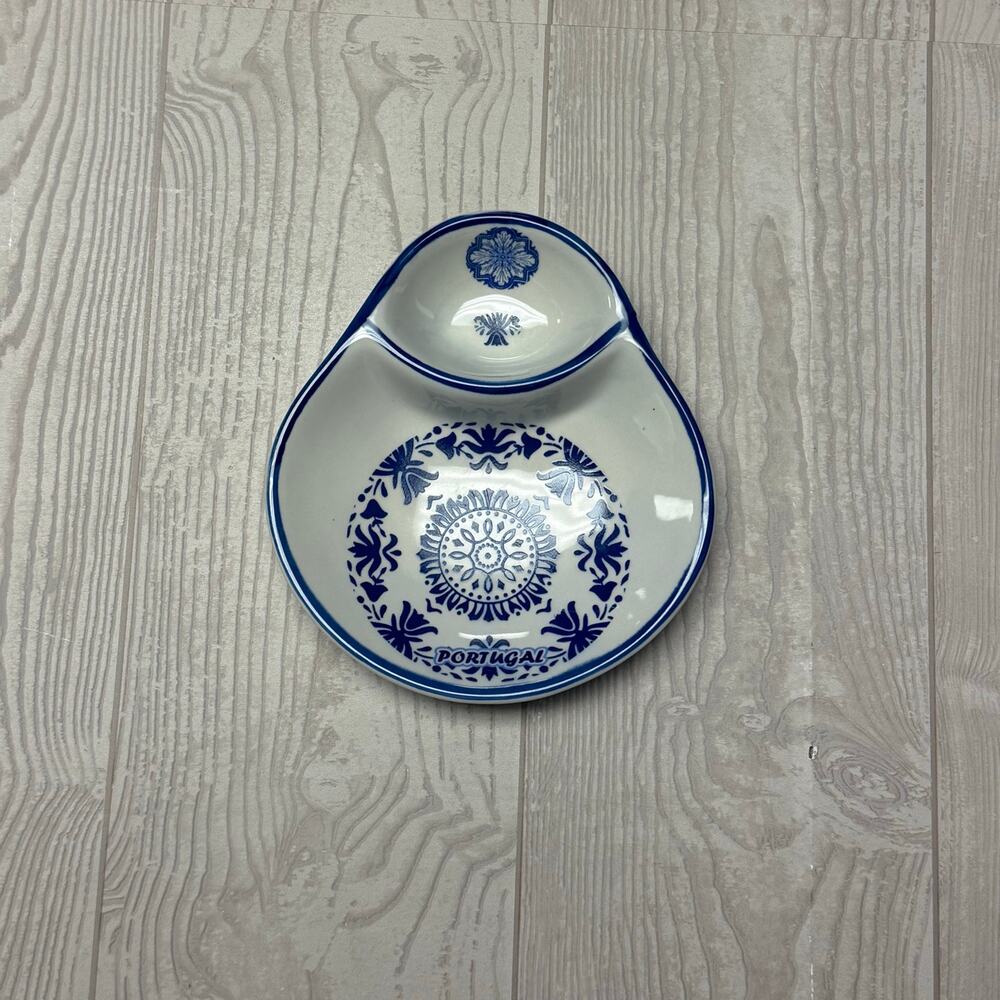 Portugal Blue White Ceramic Olive Dish Pit Bowl Divided Appetizer Serving Tray